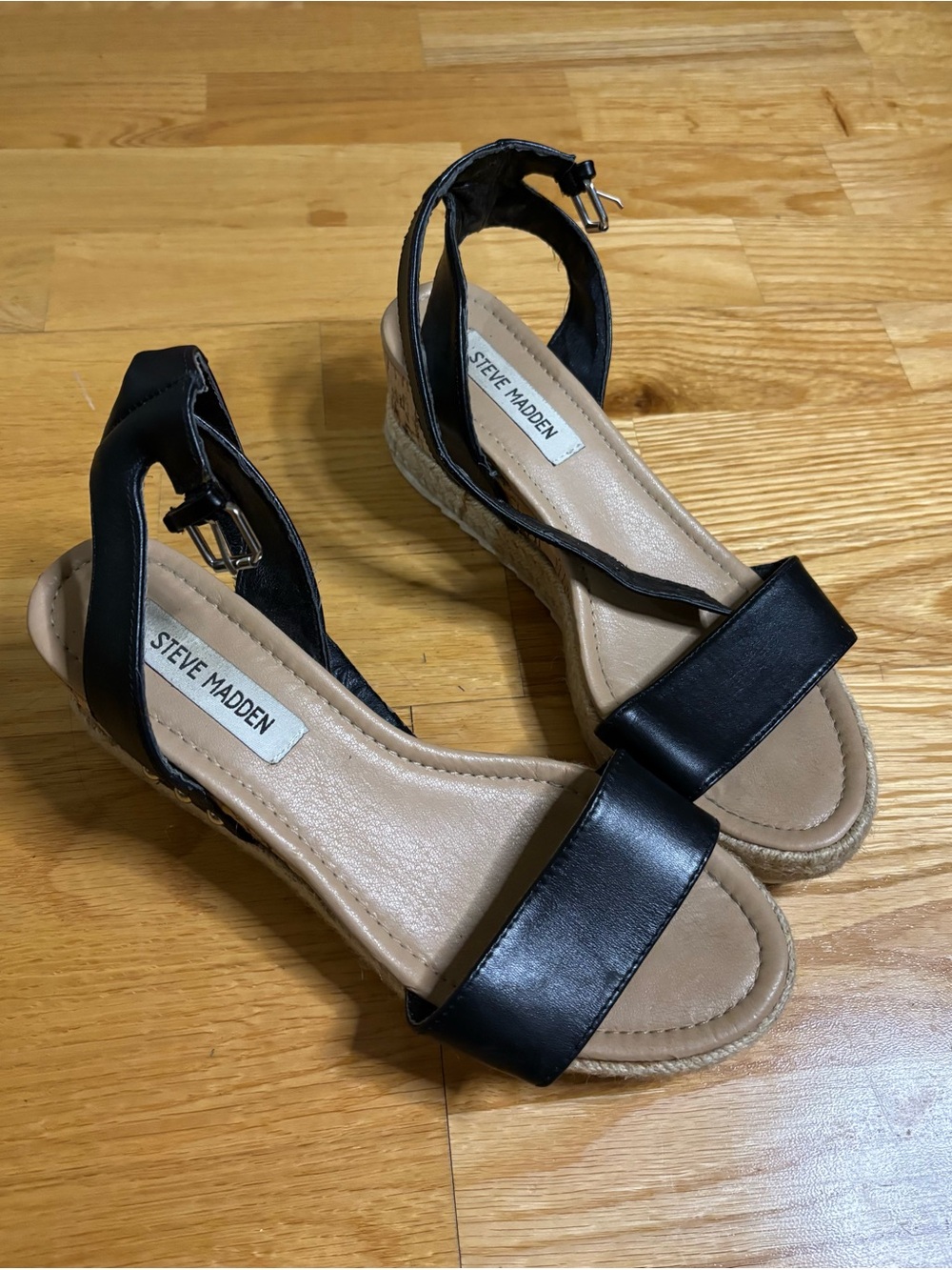 Steve Madden Black Ankle-Strap Wedge Sandals Cork Heels Size 8.5